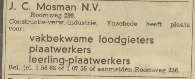 Roomweg 236 J.C. Mosman N.V. constructie- verwarmingsindustrie advertentie Tubantia 11-4-1970.jpg