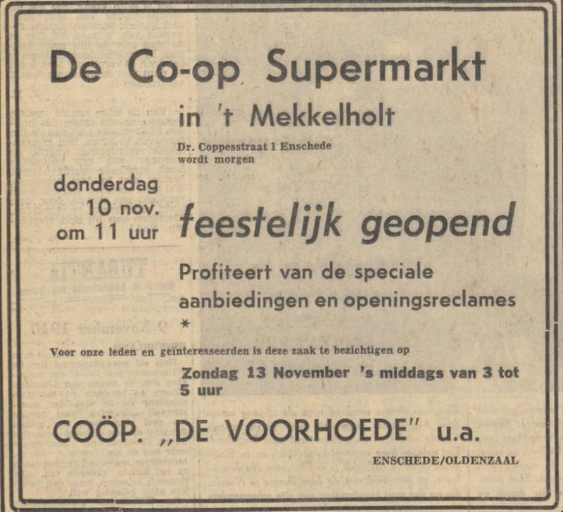 Dr. A.H.J.  Coppesstraat 1 supermarkt Co-op De Voorhoede advertentie Tubantia 9-11-1960.jpg